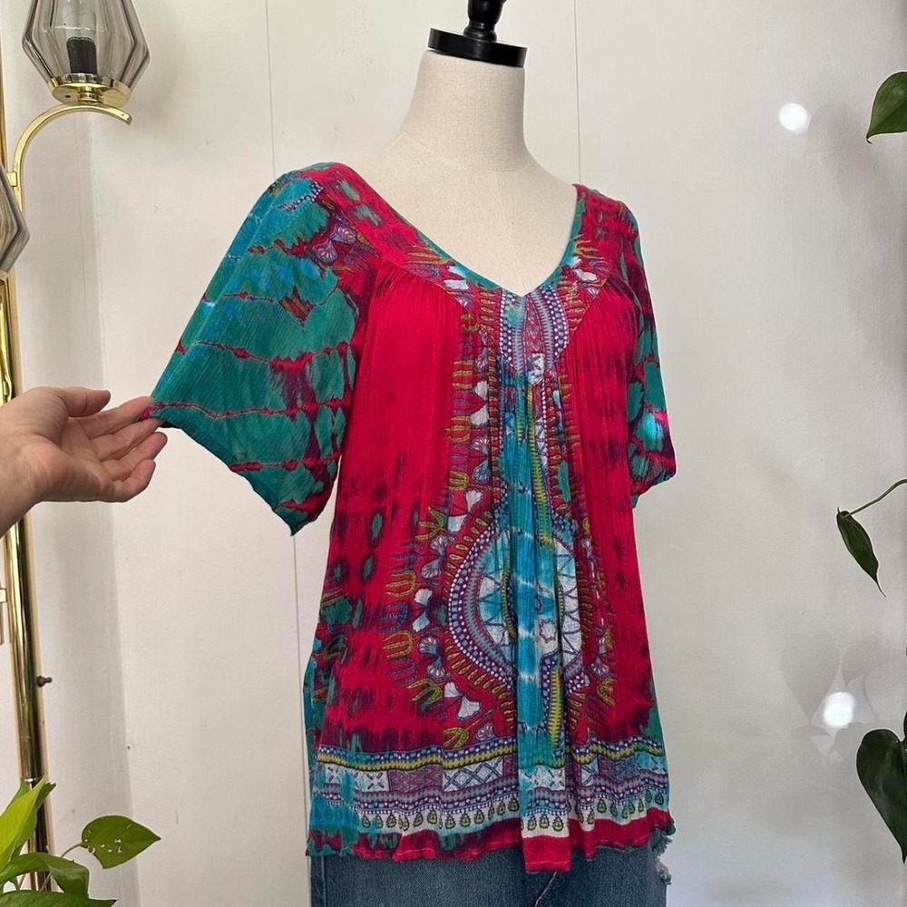 Greater Good Vintage Tie Dye Boho Top Fuchsia Pink Teal Green V-Neck M/L India